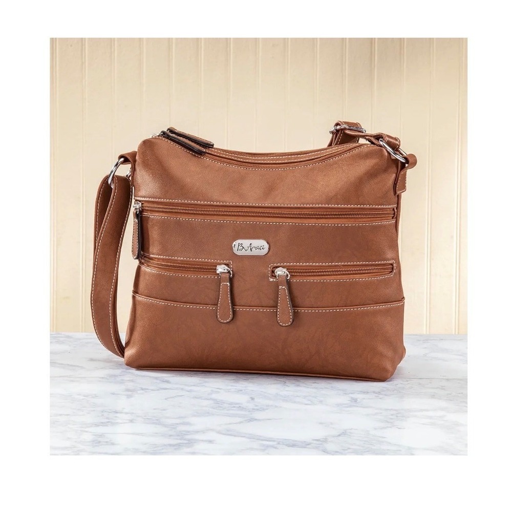 B. Amici Brown Bonded Leather Multi Pocket Crossbody Shoulder Bag RFID Lining